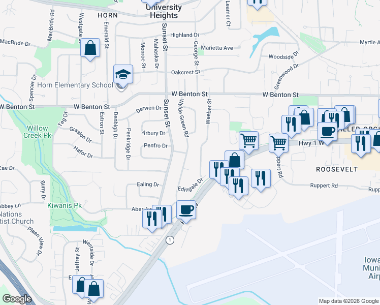 map of restaurants, bars, coffee shops, grocery stores, and more near 1113 Weeber Street in Iowa City