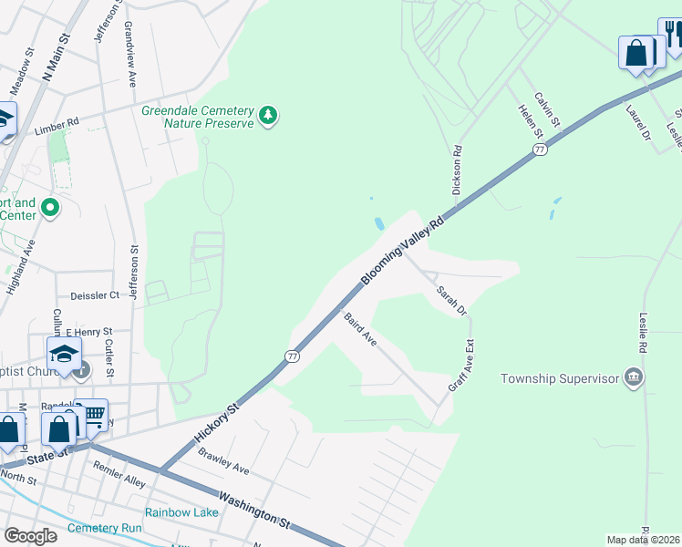 map of restaurants, bars, coffee shops, grocery stores, and more near 20616-20898 Blooming Valley Road in Meadville
