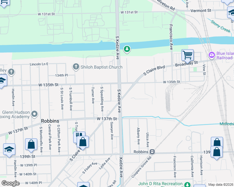 map of restaurants, bars, coffee shops, grocery stores, and more near 13501 South Kedzie Avenue in Robbins