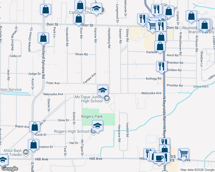 map of restaurants, bars, coffee shops, grocery stores, and more near 625 Heidelberg Road in Toledo