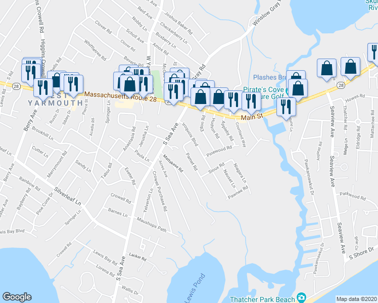 map of restaurants, bars, coffee shops, grocery stores, and more near 8 Pamet Road in Yarmouth