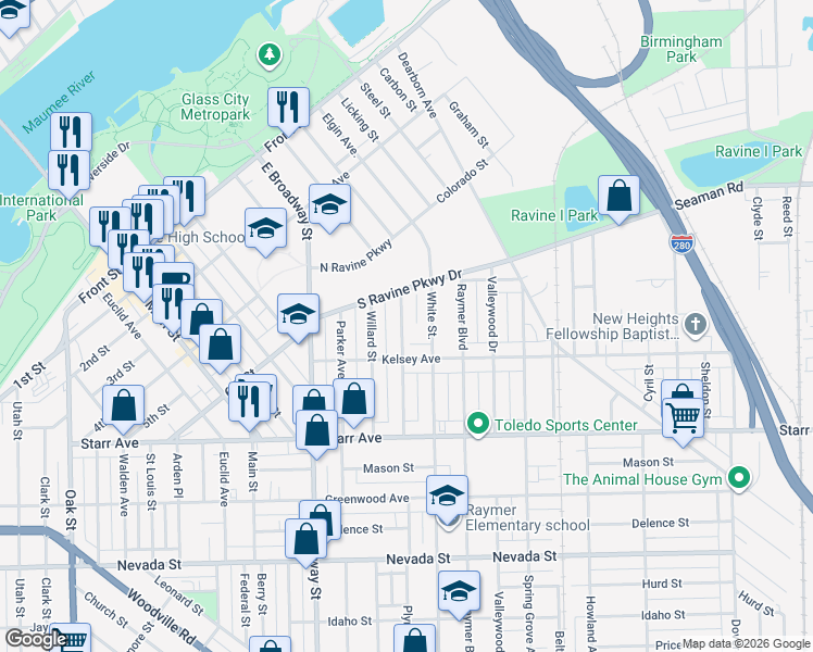 map of restaurants, bars, coffee shops, grocery stores, and more near 222 Plymouth Street in Toledo