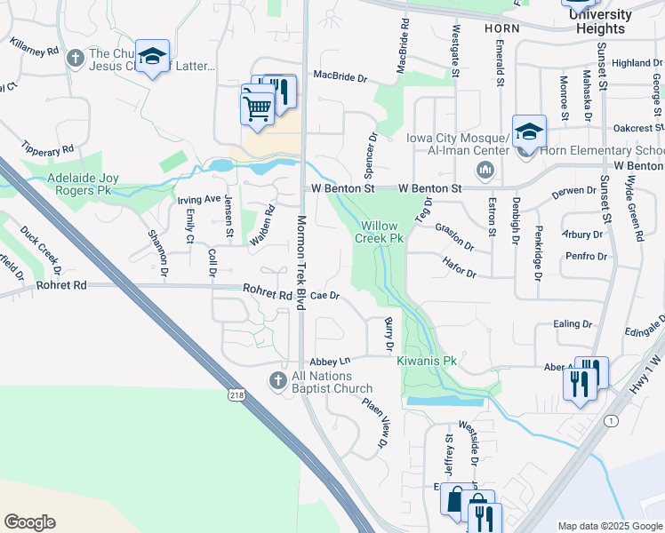 map of restaurants, bars, coffee shops, grocery stores, and more near 1113 Cambria Court in Iowa City