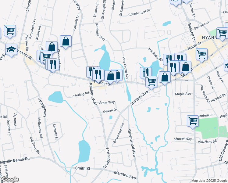 map of restaurants, bars, coffee shops, grocery stores, and more near 135 West Main Street in Barnstable