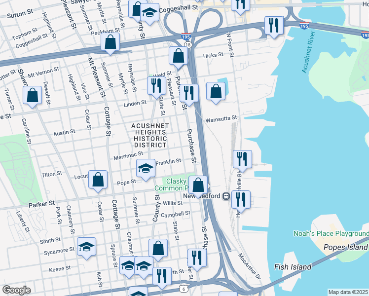 map of restaurants, bars, coffee shops, grocery stores, and more near 1272 Pleasant Street in New Bedford