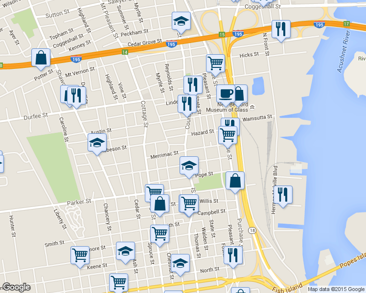 map of restaurants, bars, coffee shops, grocery stores, and more near 777 County Street in New Bedford