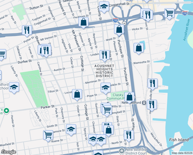 map of restaurants, bars, coffee shops, grocery stores, and more near 340 Summer Street in New Bedford