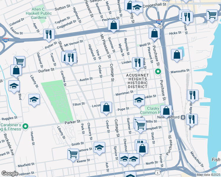 map of restaurants, bars, coffee shops, grocery stores, and more near 620 Cottage Street in New Bedford