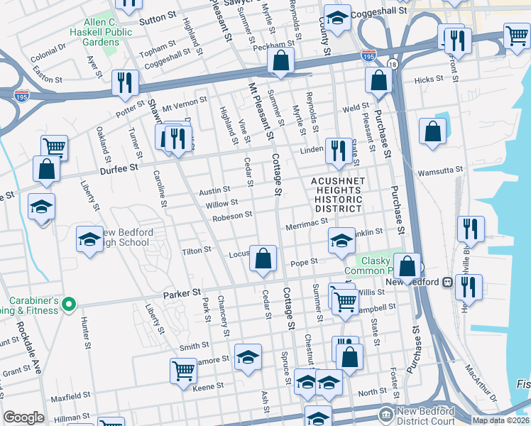 map of restaurants, bars, coffee shops, grocery stores, and more near 30 Willow Street in New Bedford