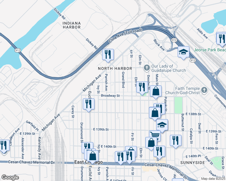 map of restaurants, bars, coffee shops, grocery stores, and more near 3606 Hemlock Street in East Chicago