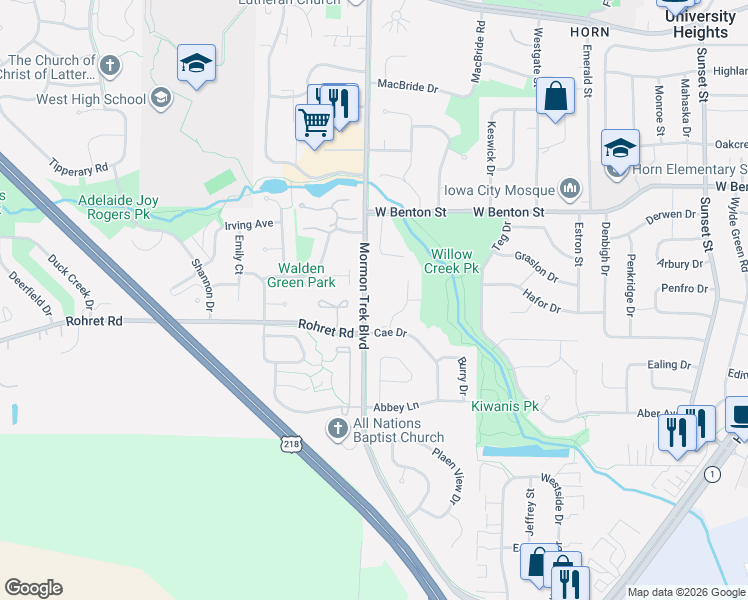 map of restaurants, bars, coffee shops, grocery stores, and more near 59 Jema Court in Iowa City
