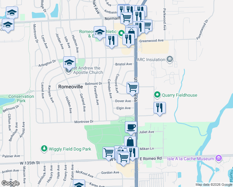 map of restaurants, bars, coffee shops, grocery stores, and more near 21 Concord Avenue in Romeoville
