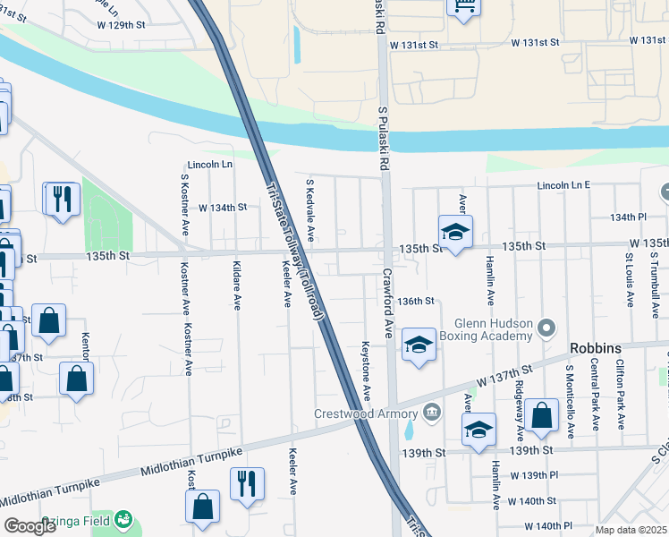 map of restaurants, bars, coffee shops, grocery stores, and more near 4116 West 135th Street in Robbins