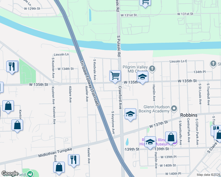 map of restaurants, bars, coffee shops, grocery stores, and more near 4105 West 135th Street in Robbins
