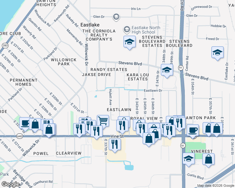 map of restaurants, bars, coffee shops, grocery stores, and more near 1209 Hulett Avenue in Eastlake