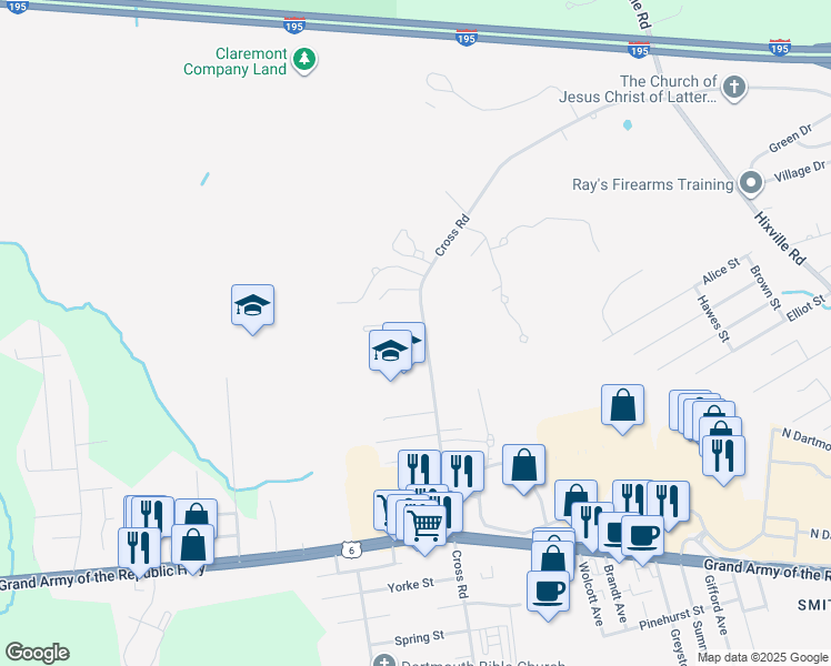 map of restaurants, bars, coffee shops, grocery stores, and more near 211 Cross Road in Dartmouth