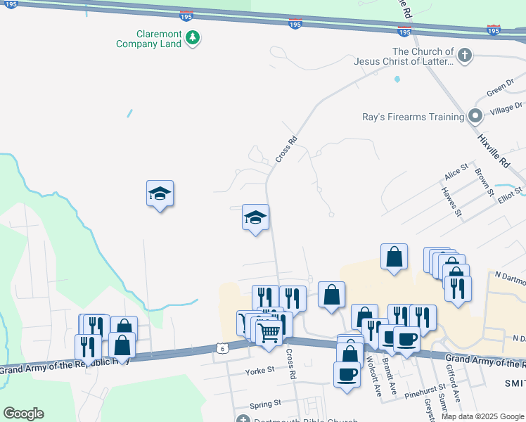map of restaurants, bars, coffee shops, grocery stores, and more near 211 Cross Road in Dartmouth
