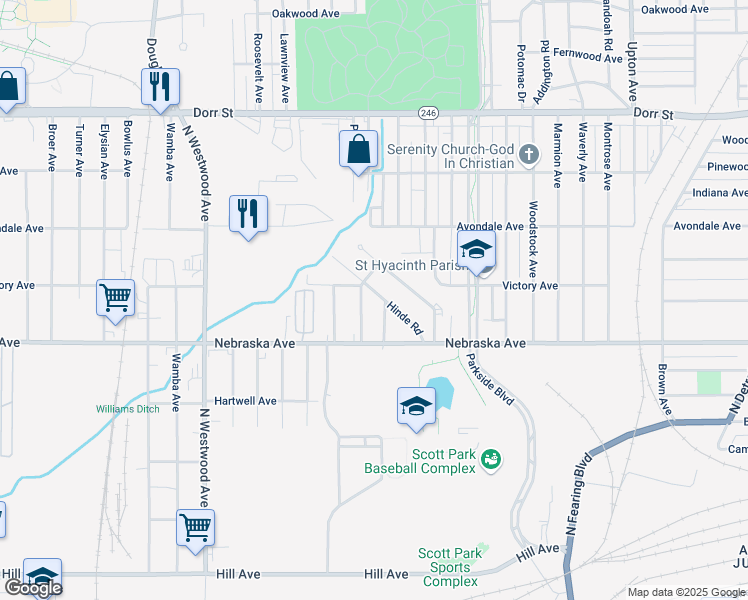map of restaurants, bars, coffee shops, grocery stores, and more near 2294 Hinde Road in Toledo