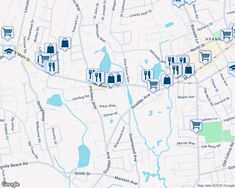 map of restaurants, bars, coffee shops, grocery stores, and more near 135 West Main Street in Barnstable