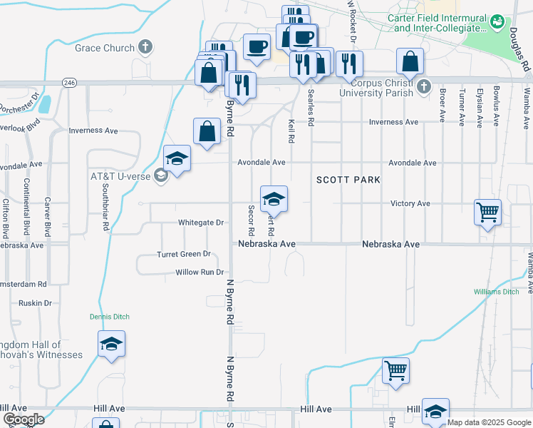 map of restaurants, bars, coffee shops, grocery stores, and more near 705 Cuthbert Road in Toledo