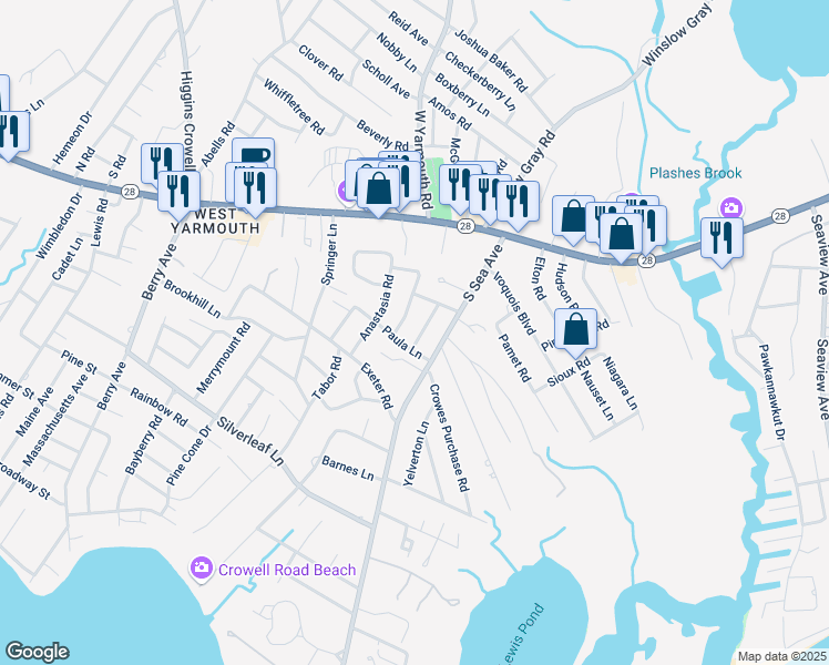 map of restaurants, bars, coffee shops, grocery stores, and more near 17 Alison Lane in Yarmouth