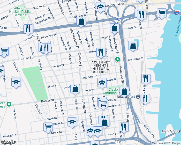 map of restaurants, bars, coffee shops, grocery stores, and more near 340 Summer Street in New Bedford