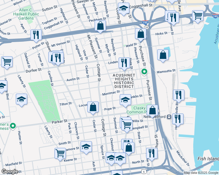 map of restaurants, bars, coffee shops, grocery stores, and more near 340 Summer Street in New Bedford
