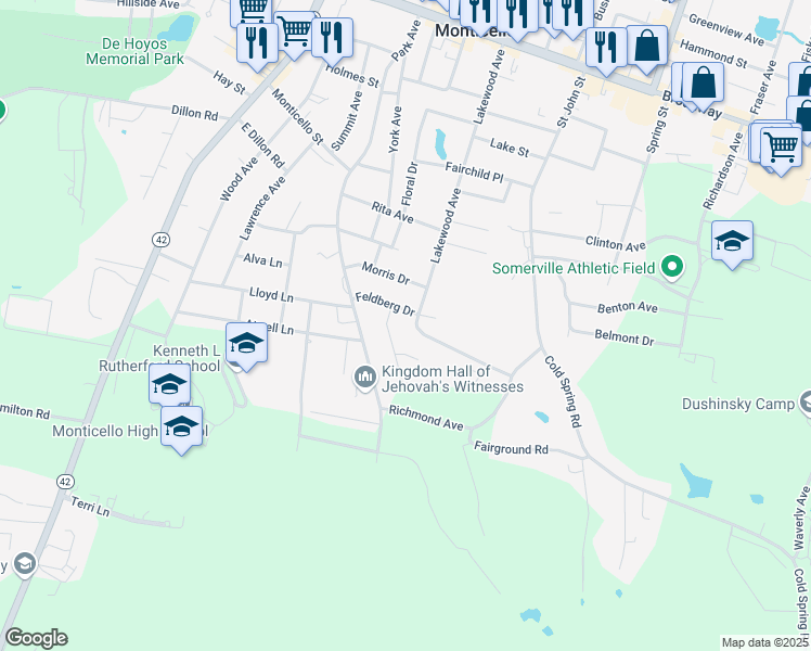 map of restaurants, bars, coffee shops, grocery stores, and more near 15 Feldberg Drive in Monticello