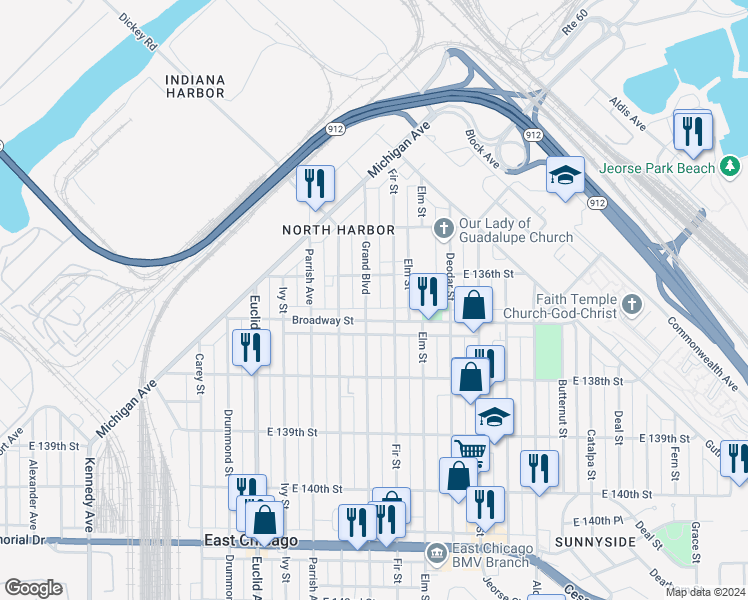 map of restaurants, bars, coffee shops, grocery stores, and more near 3602 Grand Boulevard in East Chicago