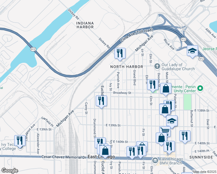 map of restaurants, bars, coffee shops, grocery stores, and more near 3603 Ivy Street in East Chicago
