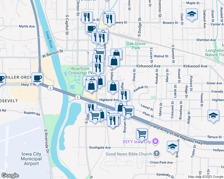 map of restaurants, bars, coffee shops, grocery stores, and more near 1213 South Gilbert Court in Iowa City
