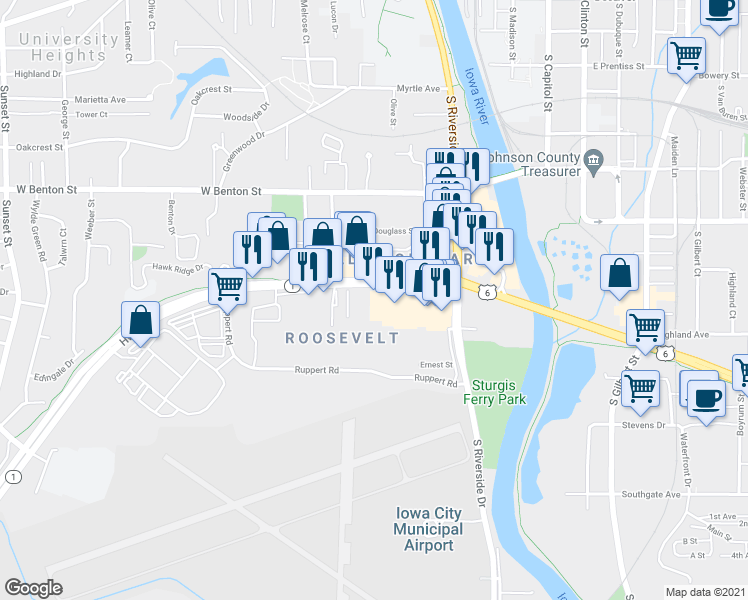 map of restaurants, bars, coffee shops, grocery stores, and more near 401 Highway 1 West in Iowa City