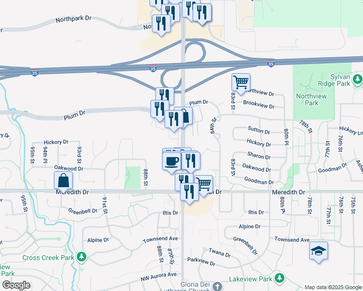 map of restaurants, bars, coffee shops, grocery stores, and more near 4805 Northwest 86th Street in Urbandale