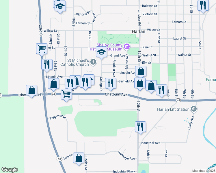 map of restaurants, bars, coffee shops, grocery stores, and more near 1404 Garfield Ave in Harlan