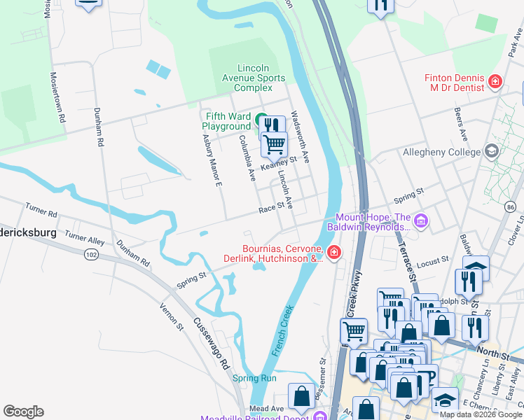map of restaurants, bars, coffee shops, grocery stores, and more near 100 Columbia Avenue in Meadville