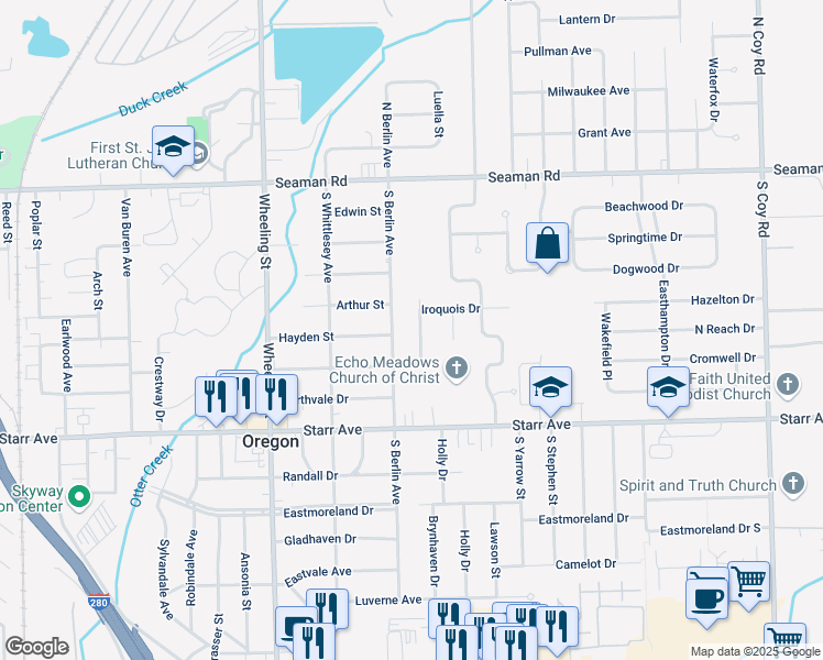 map of restaurants, bars, coffee shops, grocery stores, and more near 2844 Iroquois Drive in Oregon