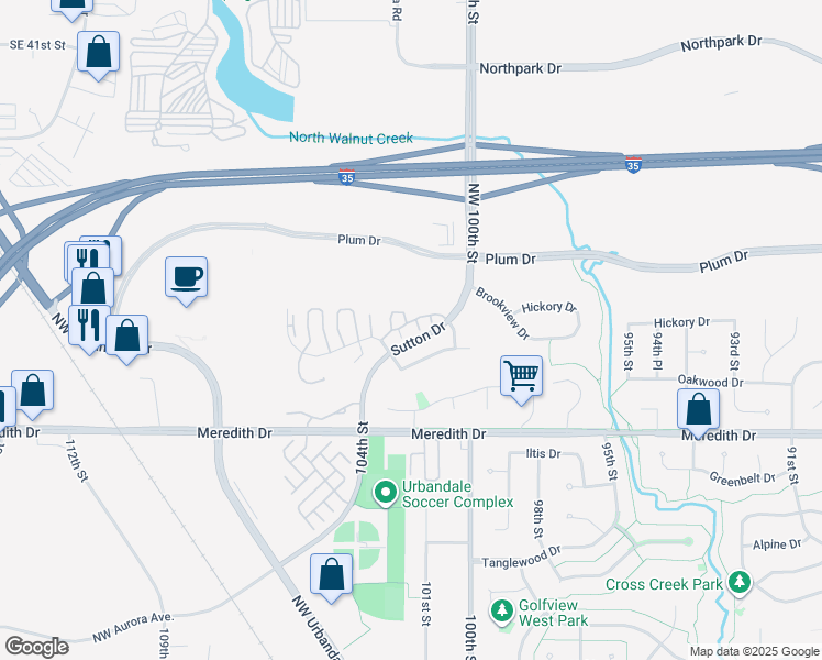 map of restaurants, bars, coffee shops, grocery stores, and more near 10121 Sutton Drive in Urbandale