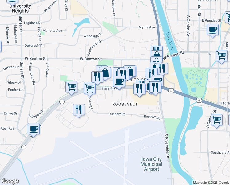 map of restaurants, bars, coffee shops, grocery stores, and more near 531 Highway 1 West in Iowa City