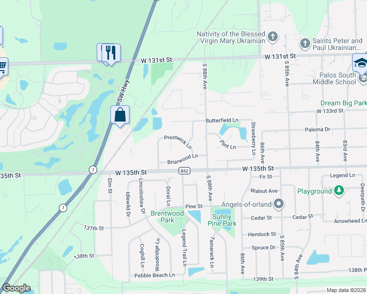 map of restaurants, bars, coffee shops, grocery stores, and more near 8838 Prestwick Lane in Orland Park