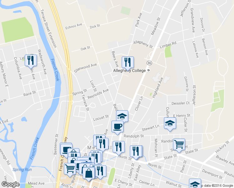 map of restaurants, bars, coffee shops, grocery stores, and more near 595 Park Avenue in Meadville