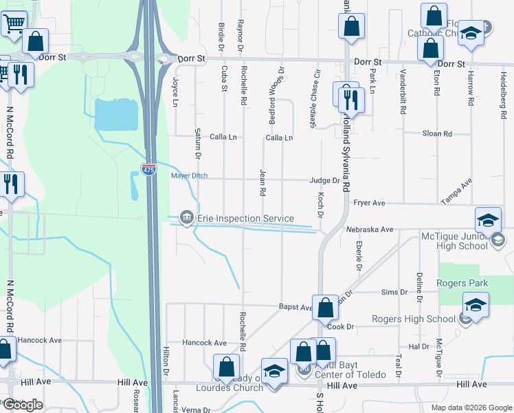 map of restaurants, bars, coffee shops, grocery stores, and more near 705 Jean Road in Toledo