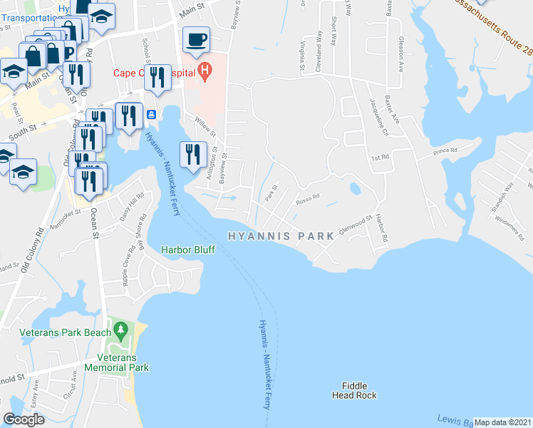 map of restaurants, bars, coffee shops, grocery stores, and more near 15 Park Avenue in Yarmouth