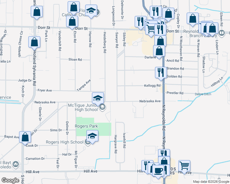map of restaurants, bars, coffee shops, grocery stores, and more near 721 Sawyer Road in Toledo