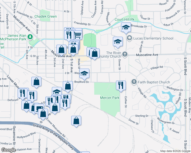 map of restaurants, bars, coffee shops, grocery stores, and more near 2600 Wayne Avenue in Iowa City