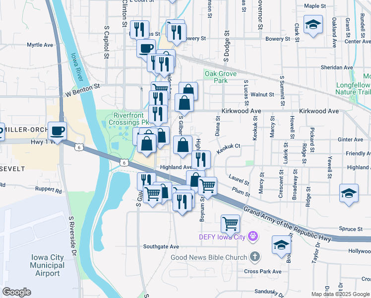 map of restaurants, bars, coffee shops, grocery stores, and more near 1213 South Gilbert Court in Iowa City