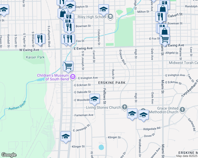 map of restaurants, bars, coffee shops, grocery stores, and more near 318 East Irvington Avenue in South Bend