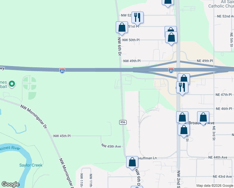 map of restaurants, bars, coffee shops, grocery stores, and more near 4780 Northwest 6th Drive in Des Moines