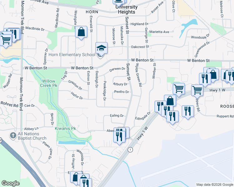 map of restaurants, bars, coffee shops, grocery stores, and more near 60 Penfro Dr in Iowa City
