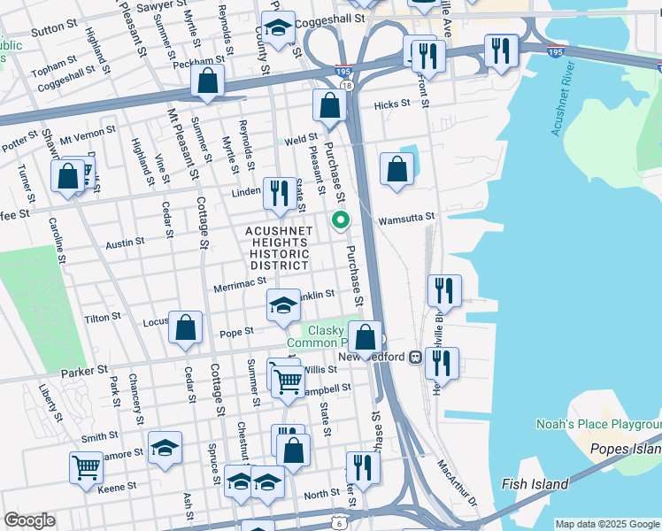 map of restaurants, bars, coffee shops, grocery stores, and more near in New Bedford