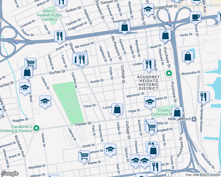 map of restaurants, bars, coffee shops, grocery stores, and more near 65-67 Willow Street in New Bedford